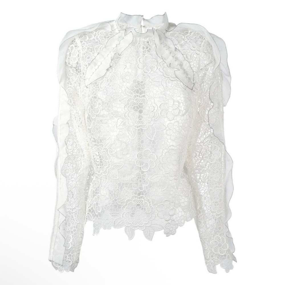 Self-Portrait Guipure Lace Openwork Blouse Cutout Floral High Neck Top White 2